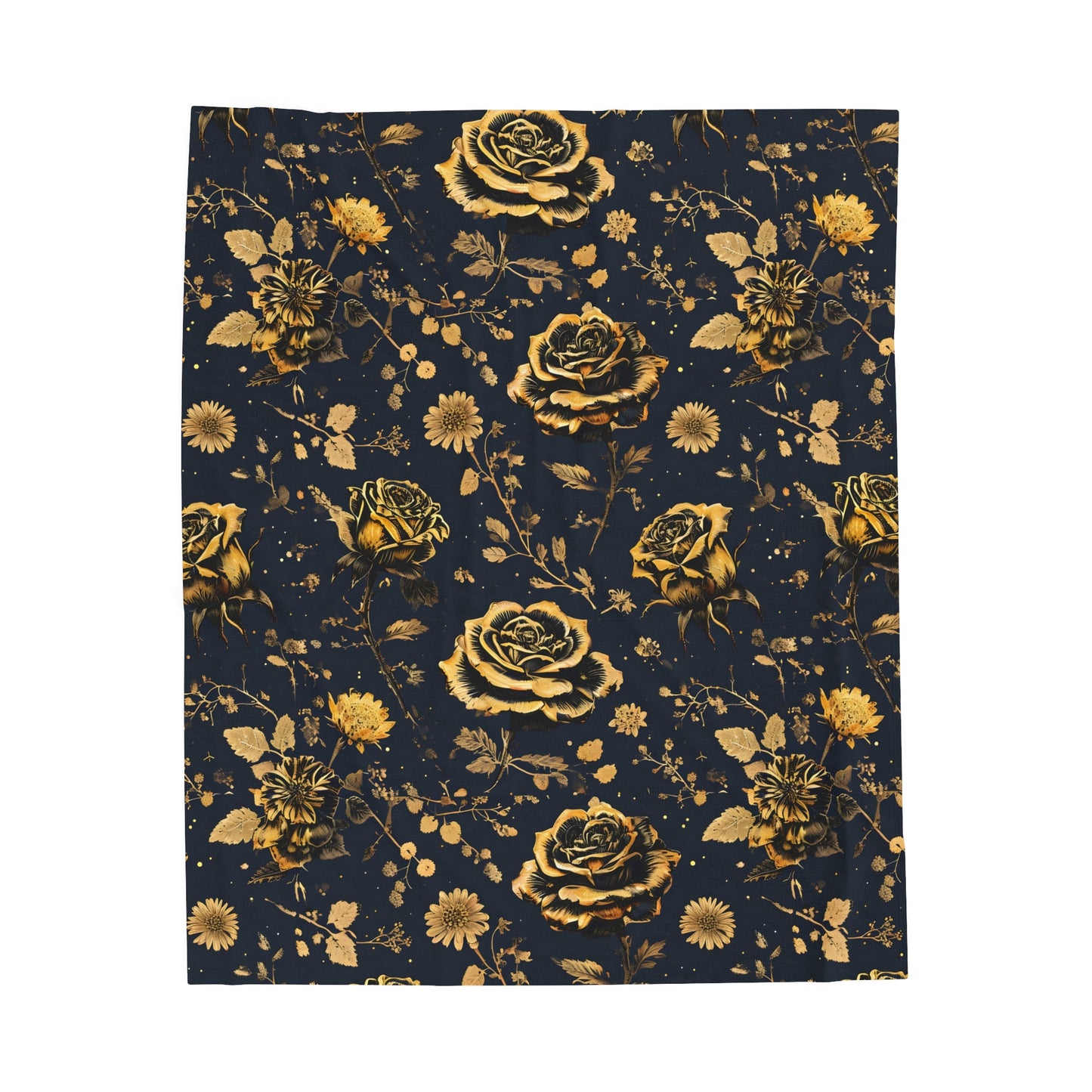 Velveteen Plush Blanket - Gold Roses and Navy Blue Design