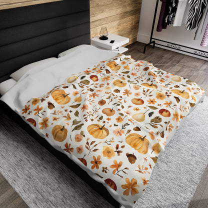 Plush Blanket - Fall Pumpkins and Leaves Design