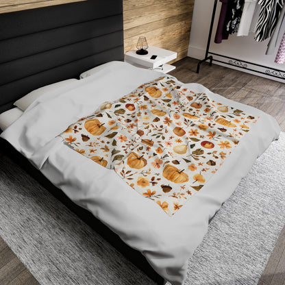 Plush Blanket - Fall Pumpkins and Leaves Design