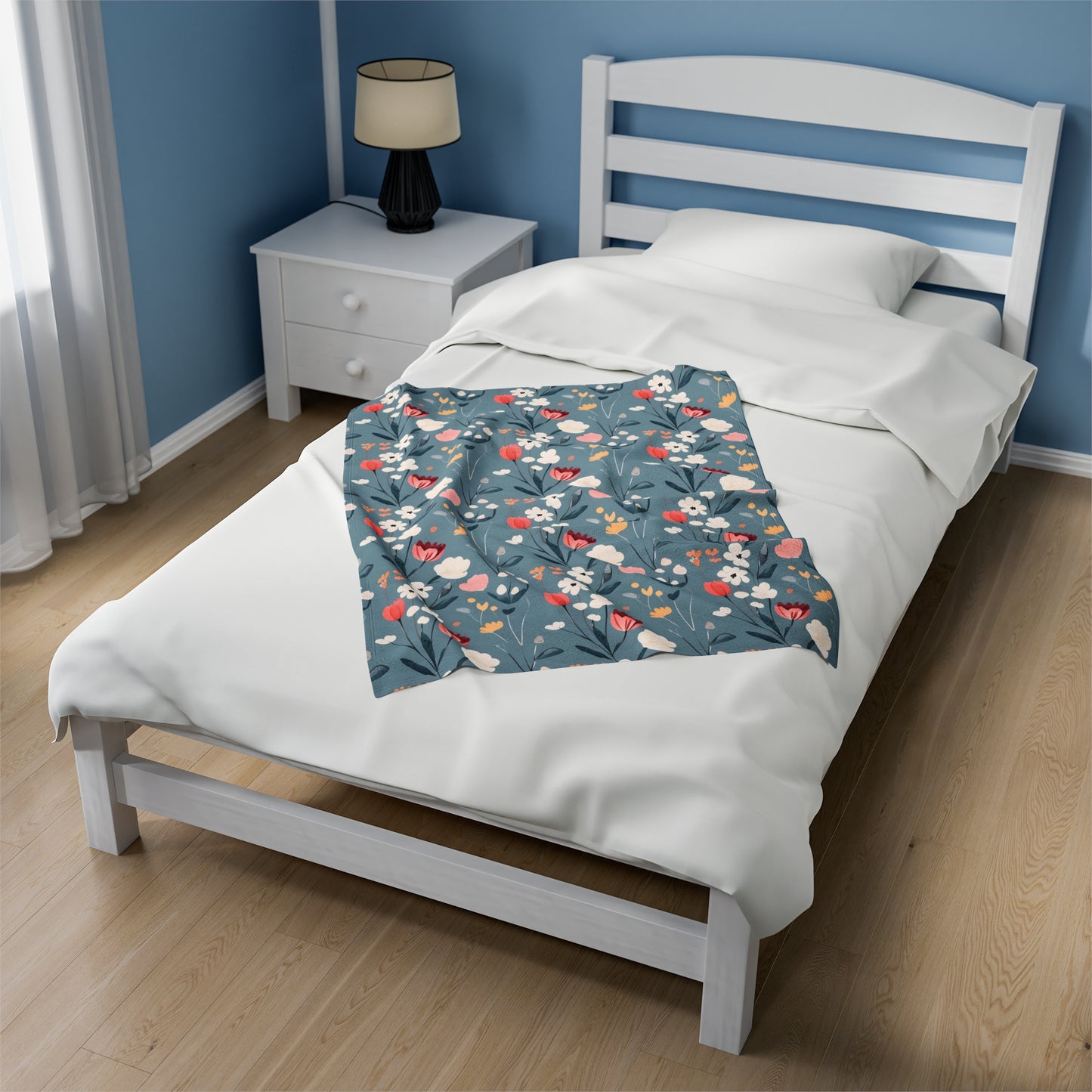 Velveteen Plush Blanket - Blue Floral Print