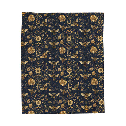 Velveteen Plush Blanket - Navy Blue with Bees