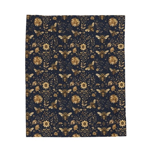 Velveteen Plush Blanket - Navy Blue with Bees