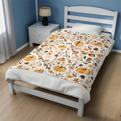 Plush Blanket - Fall Pumpkins and Leaves Design