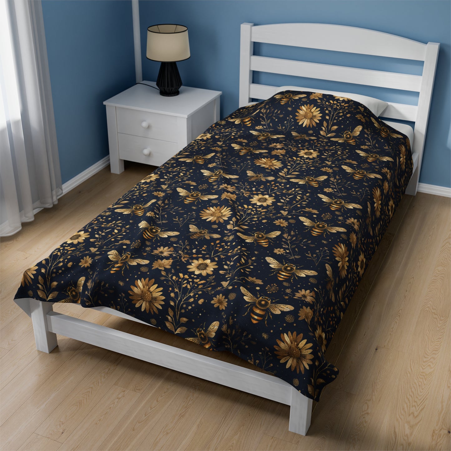 Velveteen Plush Blanket - Navy Blue with Bees