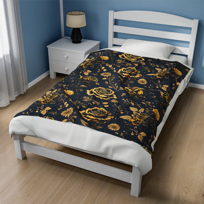 Velveteen Plush Blanket - Gold Roses and Navy Blue Design