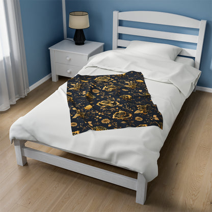 Velveteen Plush Blanket - Gold Roses and Navy Blue Design