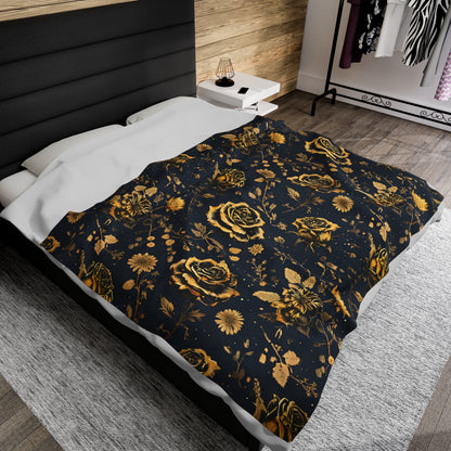 Velveteen Plush Blanket - Gold Roses and Navy Blue Design