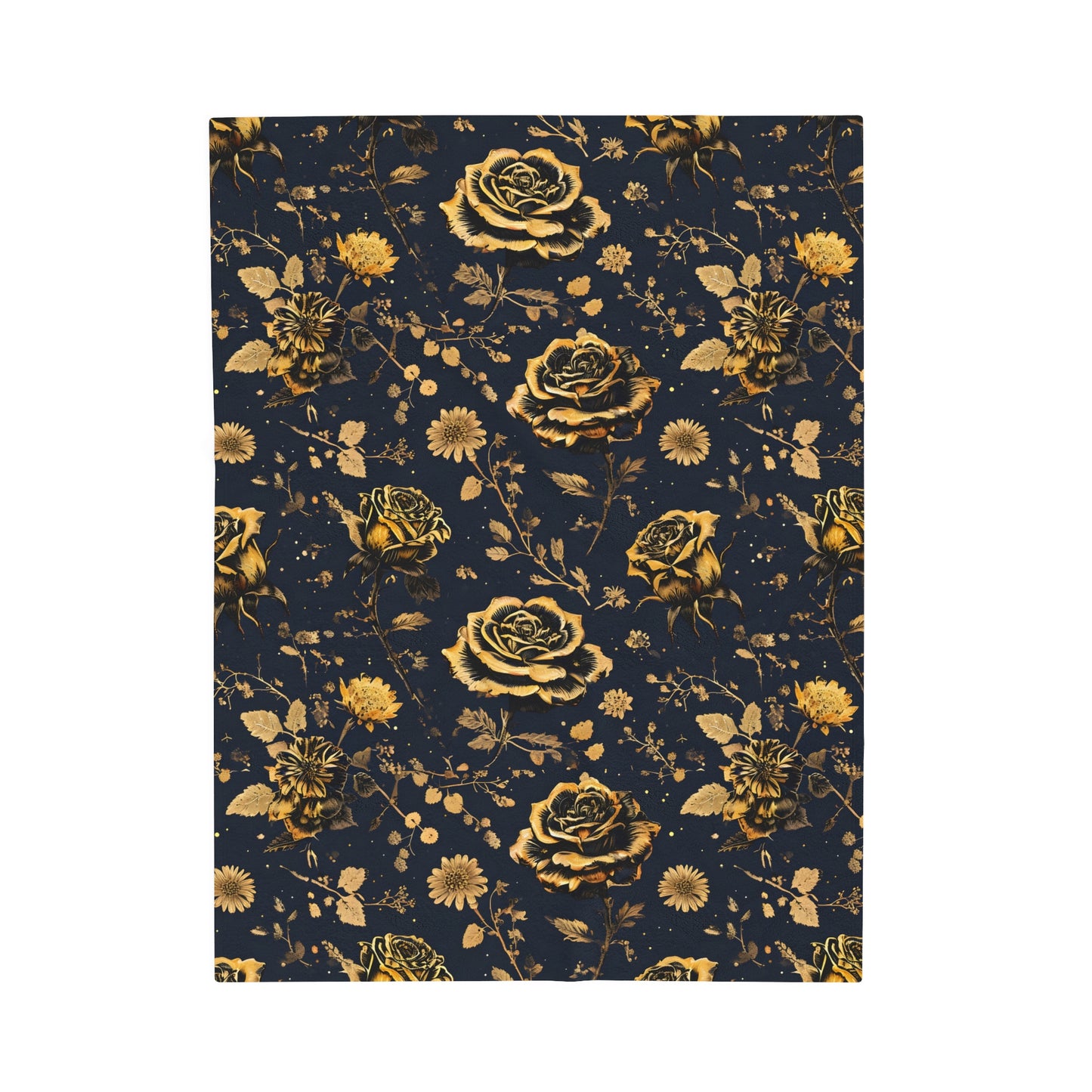 Velveteen Plush Blanket - Gold Roses and Navy Blue Design