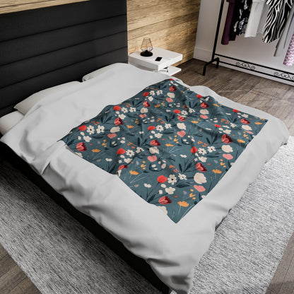 Velveteen Plush Blanket - Blue Floral Print