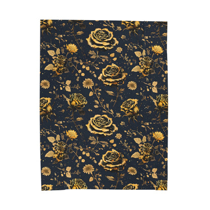 Velveteen Plush Blanket - Gold Roses and Navy Blue Design