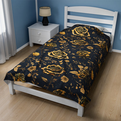 Velveteen Plush Blanket - Gold Roses and Navy Blue Design