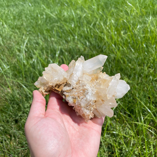 Cluster of golden quartz crystal points on matrix