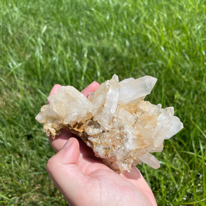 Cluster of golden quartz crystal points on matrix